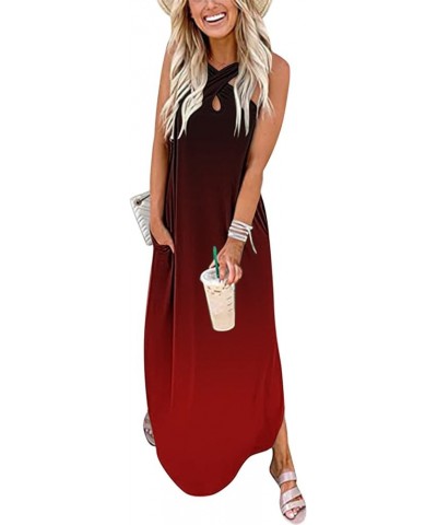 Summer Dresses for Women 2024 Vacation Crossover Halter Neck Maxi Dress Slit Side Sleeveless Loose Beach Long Sundress Multic...