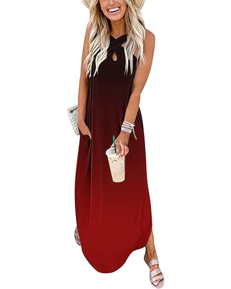 Summer Dresses for Women 2024 Vacation Crossover Halter Neck Maxi Dress Slit Side Sleeveless Loose Beach Long Sundress Multic...