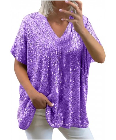 Women's Plus Size Sequin Tops Short Sleeve Trendy Loose Glitter Sparkle T Shirts Sexy Deep V Neck Tops Blouse Tees 2 purple $...