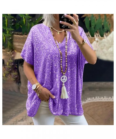 Women's Plus Size Sequin Tops Short Sleeve Trendy Loose Glitter Sparkle T Shirts Sexy Deep V Neck Tops Blouse Tees 2 purple $...