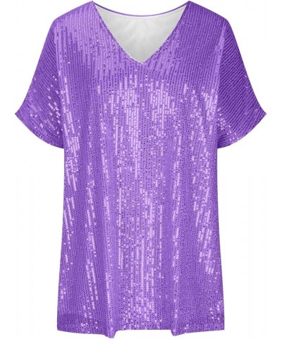 Women's Plus Size Sequin Tops Short Sleeve Trendy Loose Glitter Sparkle T Shirts Sexy Deep V Neck Tops Blouse Tees 2 purple $...