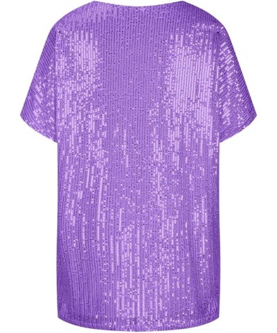 Women's Plus Size Sequin Tops Short Sleeve Trendy Loose Glitter Sparkle T Shirts Sexy Deep V Neck Tops Blouse Tees 2 purple $...