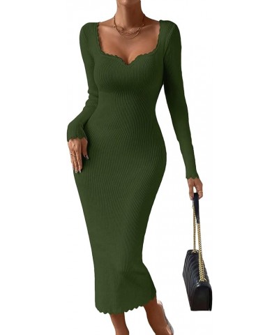 Women's Sweetheart Neck Rib Knit Long Sleeve Bodycon Long Sweater Dress Army Green $27.35 Sweaters