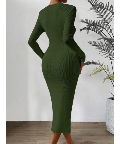 Women's Sweetheart Neck Rib Knit Long Sleeve Bodycon Long Sweater Dress Army Green $27.35 Sweaters