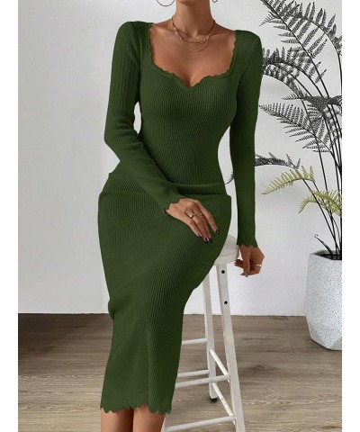 Women's Sweetheart Neck Rib Knit Long Sleeve Bodycon Long Sweater Dress Army Green $27.35 Sweaters