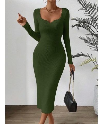 Women's Sweetheart Neck Rib Knit Long Sleeve Bodycon Long Sweater Dress Army Green $27.35 Sweaters