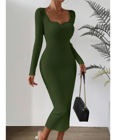 Women's Sweetheart Neck Rib Knit Long Sleeve Bodycon Long Sweater Dress Army Green $27.35 Sweaters