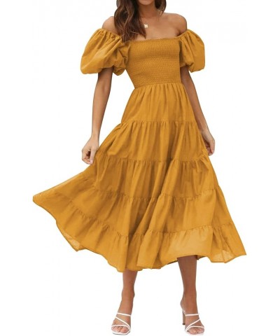 Women's Off Shoulder Summer Midi Dress Short Puffy Sleeve High Waist Casual Smocked Flowy Tiered Ruffle Dress Yellow $10.32 D...