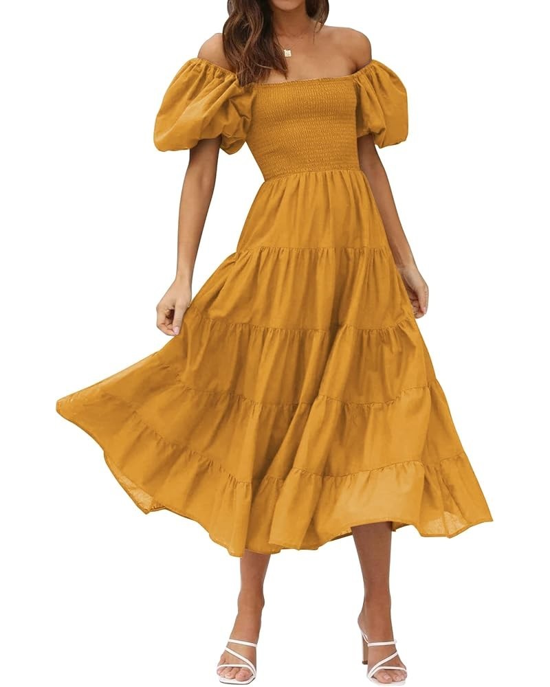 Women's Off Shoulder Summer Midi Dress Short Puffy Sleeve High Waist Casual Smocked Flowy Tiered Ruffle Dress Yellow $10.32 D...