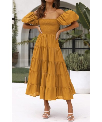 Women's Off Shoulder Summer Midi Dress Short Puffy Sleeve High Waist Casual Smocked Flowy Tiered Ruffle Dress Yellow $10.32 D...