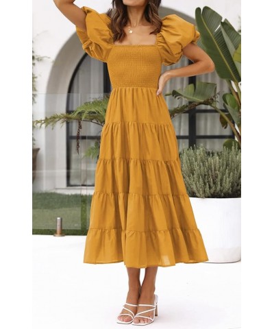 Women's Off Shoulder Summer Midi Dress Short Puffy Sleeve High Waist Casual Smocked Flowy Tiered Ruffle Dress Yellow $10.32 D...