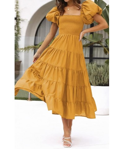 Women's Off Shoulder Summer Midi Dress Short Puffy Sleeve High Waist Casual Smocked Flowy Tiered Ruffle Dress Yellow $10.32 D...