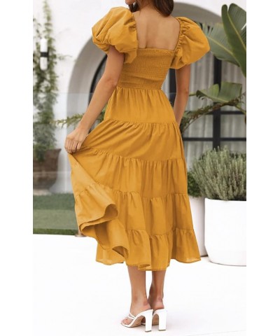 Women's Off Shoulder Summer Midi Dress Short Puffy Sleeve High Waist Casual Smocked Flowy Tiered Ruffle Dress Yellow $10.32 D...