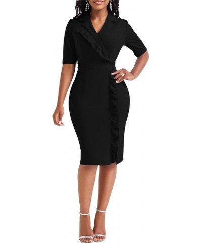 Elegant Church Dress for Women Casual Lapel Ruffle Pencil Classy Knee Length Dinner Party Midi Teens Dress Black Midi Dress X...