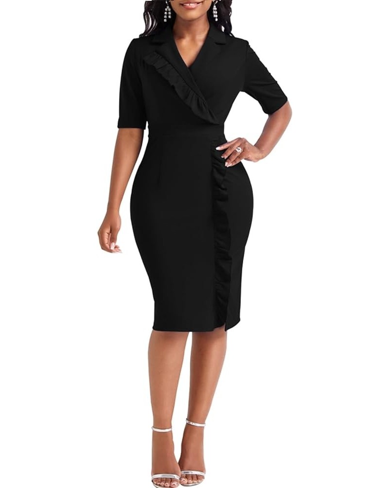 Elegant Church Dress for Women Casual Lapel Ruffle Pencil Classy Knee Length Dinner Party Midi Teens Dress Black Midi Dress X...