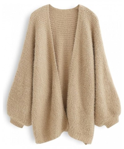 Women's Classy Tan/Pink/Blue Fuzzy Bubble Sleeves Open Front Waffle Knit Cardigan Coatigan Tan $31.84 Sweaters