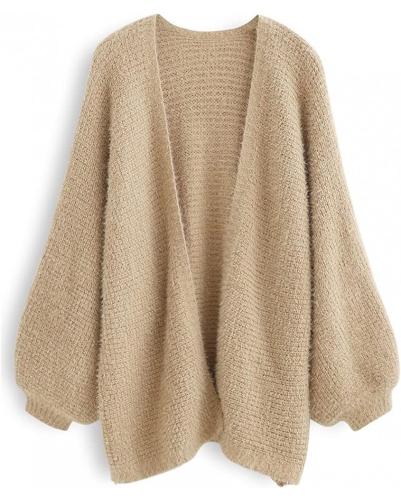 Women's Classy Tan/Pink/Blue Fuzzy Bubble Sleeves Open Front Waffle Knit Cardigan Coatigan Tan $31.84 Sweaters