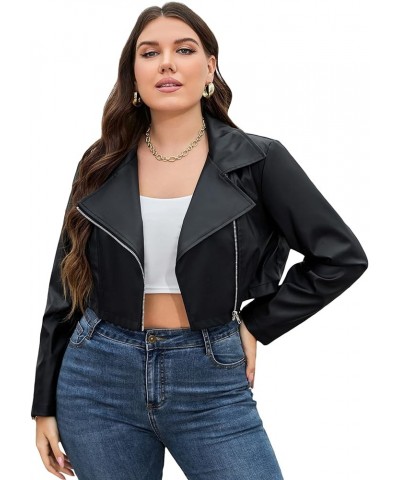 Women's Plus Size Casual Faux Leather Zipper Cropped Jacket Moto Biker Coat Black $26.99 Coats