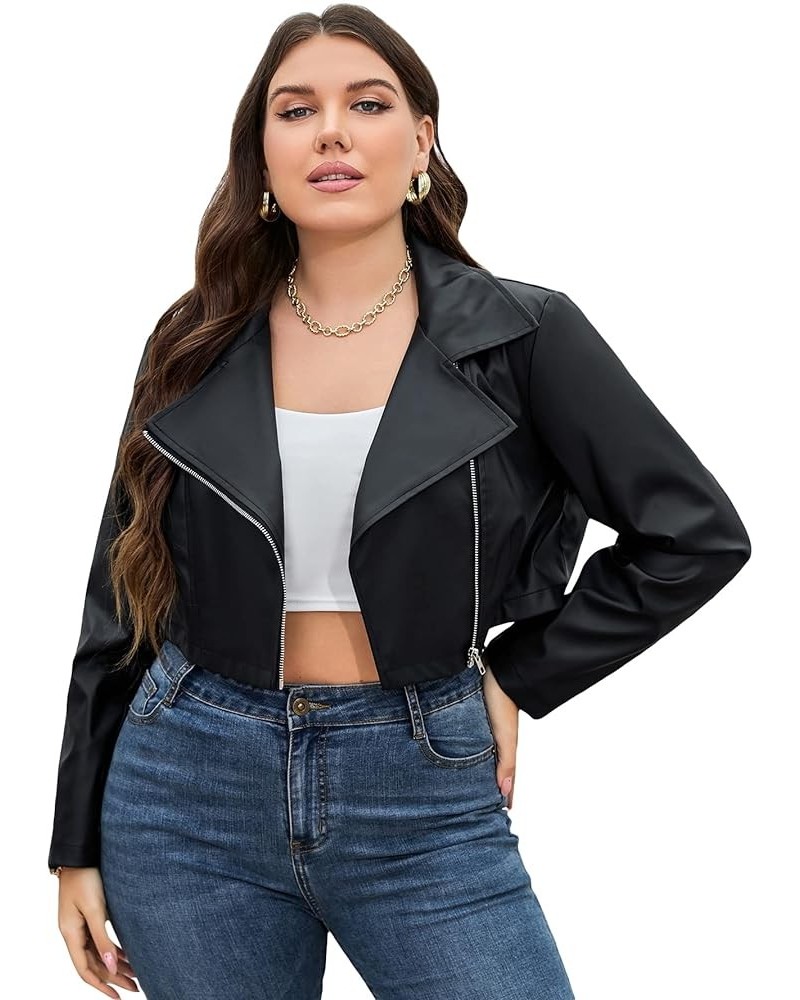 Women's Plus Size Casual Faux Leather Zipper Cropped Jacket Moto Biker Coat Black $26.99 Coats