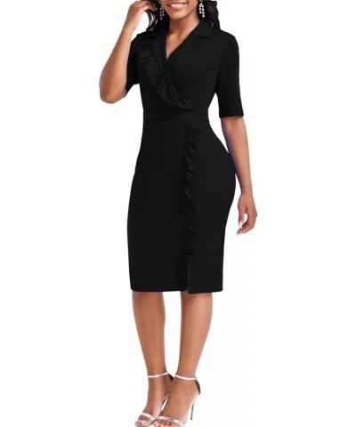 Elegant Church Dress for Women Casual Lapel Ruffle Pencil Classy Knee Length Dinner Party Midi Teens Dress Black Midi Dress X...