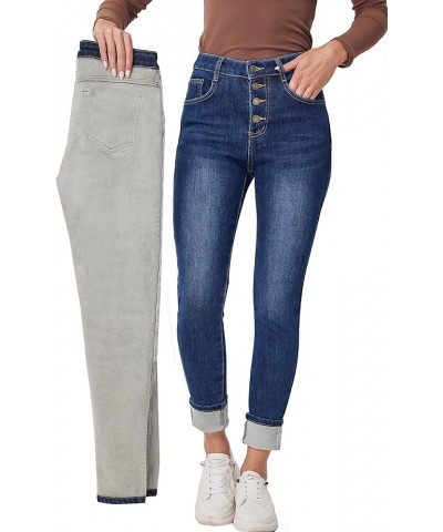 Women's Fleece Lined Jeans Winter Thermal Jeans Denim Skinny Warm Jeans 4 Buttons Blue $20.40 Jeans