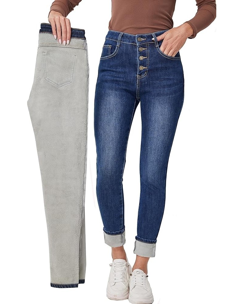 Women's Fleece Lined Jeans Winter Thermal Jeans Denim Skinny Warm Jeans 4 Buttons Blue $20.40 Jeans