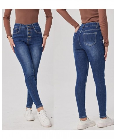 Women's Fleece Lined Jeans Winter Thermal Jeans Denim Skinny Warm Jeans 4 Buttons Blue $20.40 Jeans