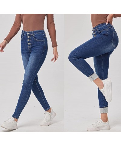 Women's Fleece Lined Jeans Winter Thermal Jeans Denim Skinny Warm Jeans 4 Buttons Blue $20.40 Jeans