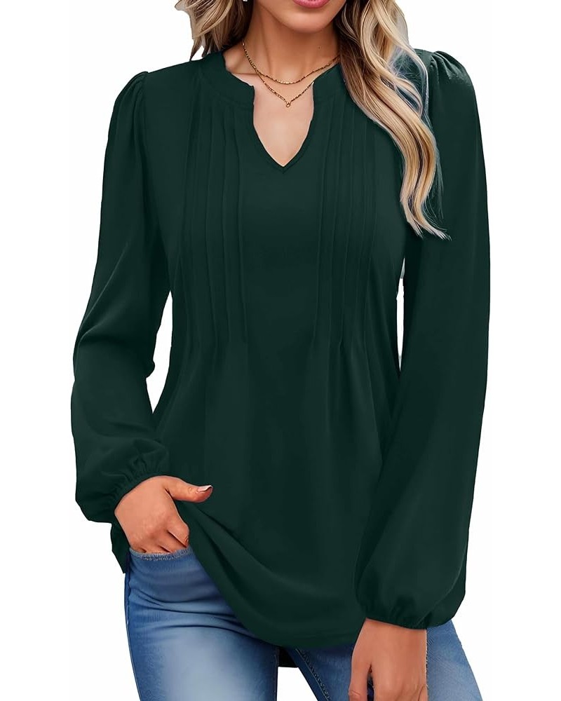 Women's Trendy Puff Long Sleeve Casual Pleated V Neck T Shirts Loose Fit Solid Color Tunic Blouse Green $12.50 Tops