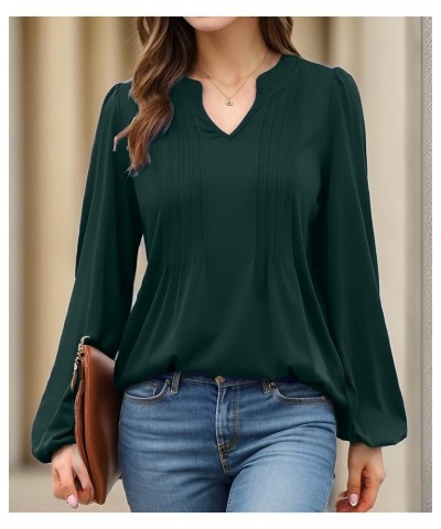 Women's Trendy Puff Long Sleeve Casual Pleated V Neck T Shirts Loose Fit Solid Color Tunic Blouse Green $12.50 Tops