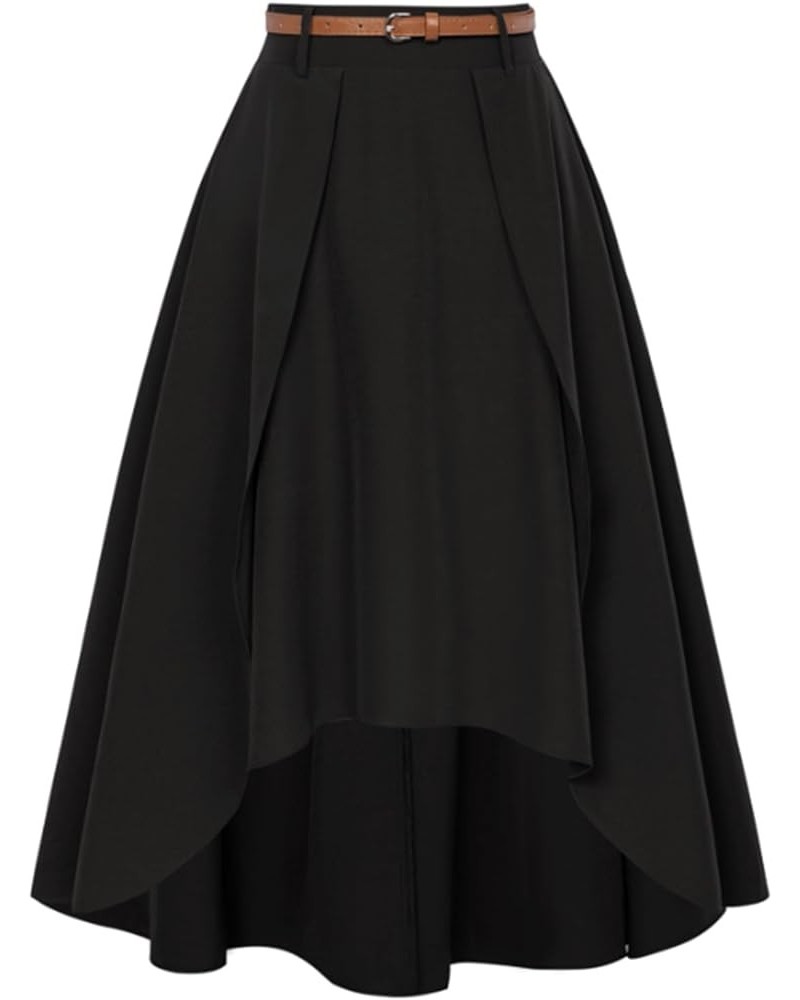 High Low A Line Skirts for Women Vintage High Waisted Midi Flowy Skirts with Belt Black $12.99 Skirts