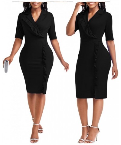 Elegant Church Dress for Women Casual Lapel Ruffle Pencil Classy Knee Length Dinner Party Midi Teens Dress Black Midi Dress X...