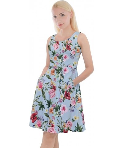 Womens Skater Dress with Pockets Hibiscus Hawaii Floral Summer Tropical Leafs Plumeria V-Neck Dress, XS-5XL Sky Blue $14.85 O...