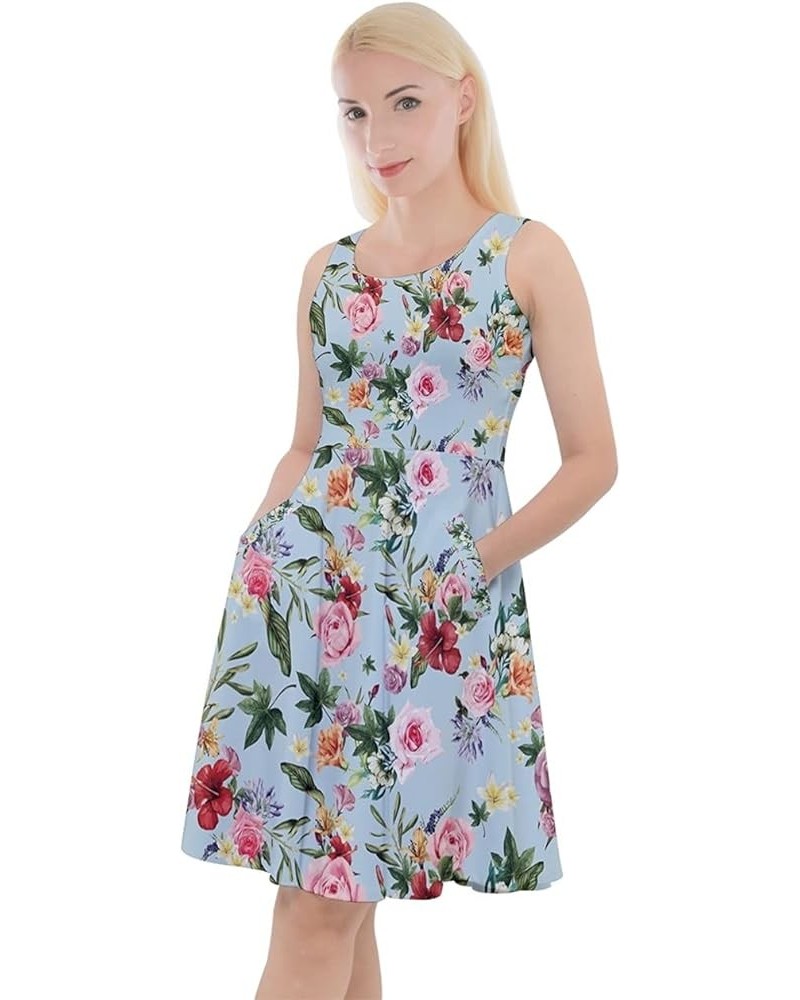 Womens Skater Dress with Pockets Hibiscus Hawaii Floral Summer Tropical Leafs Plumeria V-Neck Dress, XS-5XL Sky Blue $14.85 O...