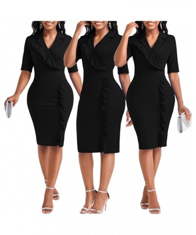 Elegant Church Dress for Women Casual Lapel Ruffle Pencil Classy Knee Length Dinner Party Midi Teens Dress Black Midi Dress X...