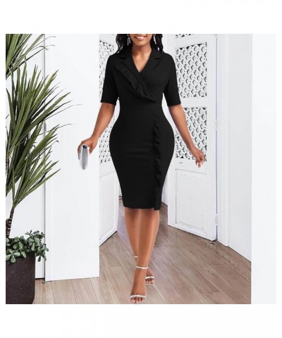 Elegant Church Dress for Women Casual Lapel Ruffle Pencil Classy Knee Length Dinner Party Midi Teens Dress Black Midi Dress X...