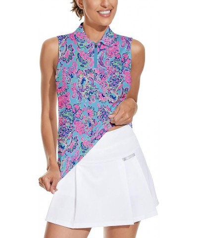 Women's Sleeveless Golf Top Floral Athletic Golf Wear Moisture Wicking Sleeveless Polo Quick Dry Retro Blue $17.00 Shirts