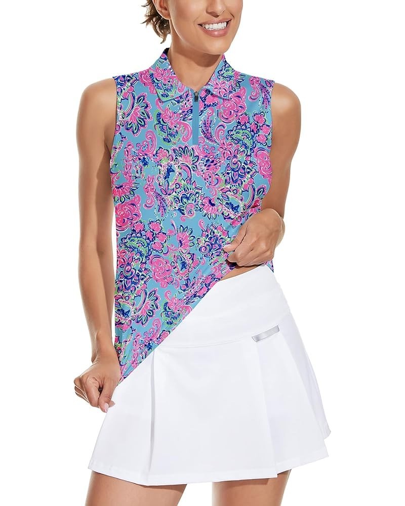 Women's Sleeveless Golf Top Floral Athletic Golf Wear Moisture Wicking Sleeveless Polo Quick Dry Retro Blue $17.00 Shirts