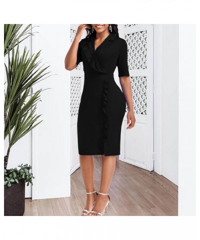 Elegant Church Dress for Women Casual Lapel Ruffle Pencil Classy Knee Length Dinner Party Midi Teens Dress Black Midi Dress X...