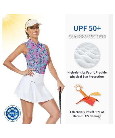 Women's Sleeveless Golf Top Floral Athletic Golf Wear Moisture Wicking Sleeveless Polo Quick Dry Retro Blue $17.00 Shirts