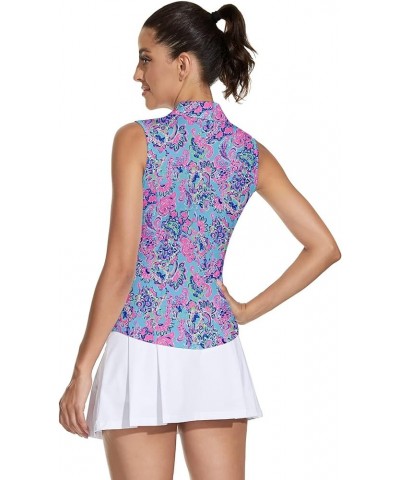 Women's Sleeveless Golf Top Floral Athletic Golf Wear Moisture Wicking Sleeveless Polo Quick Dry Retro Blue $17.00 Shirts