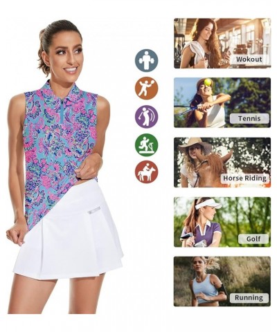 Women's Sleeveless Golf Top Floral Athletic Golf Wear Moisture Wicking Sleeveless Polo Quick Dry Retro Blue $17.00 Shirts