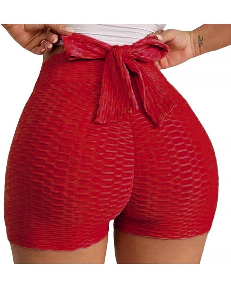 Bowknot Butt Lift Short Leggings For Women High Waisted Workout Running Hot Pants Textured Ruched Scrunch Sexy Shorts Red $7....