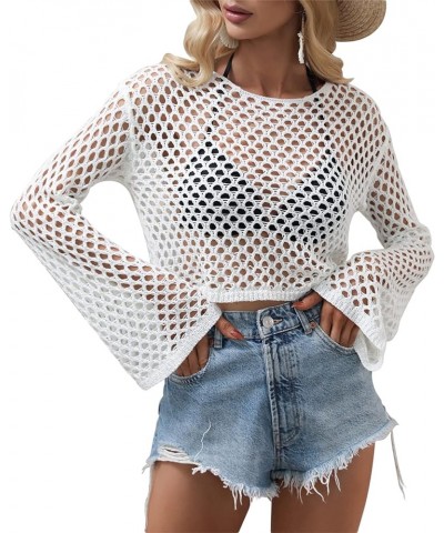 Womens Y2K Mesh Crochet Crop Top Sexy Long Sleeve Hollow Out See Through Knit Bikini Cover Ups White $14.74 Swimsuits