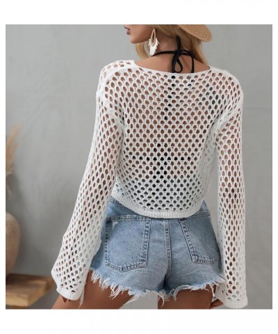 Womens Y2K Mesh Crochet Crop Top Sexy Long Sleeve Hollow Out See Through Knit Bikini Cover Ups White $14.74 Swimsuits