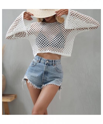 Womens Y2K Mesh Crochet Crop Top Sexy Long Sleeve Hollow Out See Through Knit Bikini Cover Ups White $14.74 Swimsuits