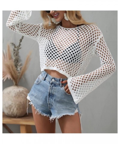 Womens Y2K Mesh Crochet Crop Top Sexy Long Sleeve Hollow Out See Through Knit Bikini Cover Ups White $14.74 Swimsuits