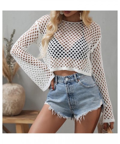 Womens Y2K Mesh Crochet Crop Top Sexy Long Sleeve Hollow Out See Through Knit Bikini Cover Ups White $14.74 Swimsuits