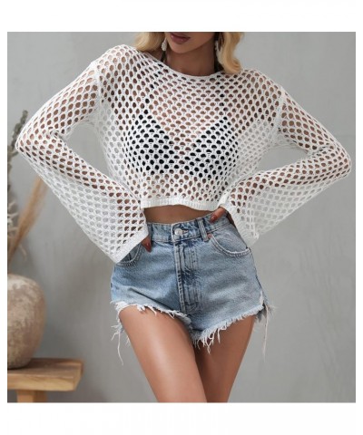 Womens Y2K Mesh Crochet Crop Top Sexy Long Sleeve Hollow Out See Through Knit Bikini Cover Ups White $14.74 Swimsuits