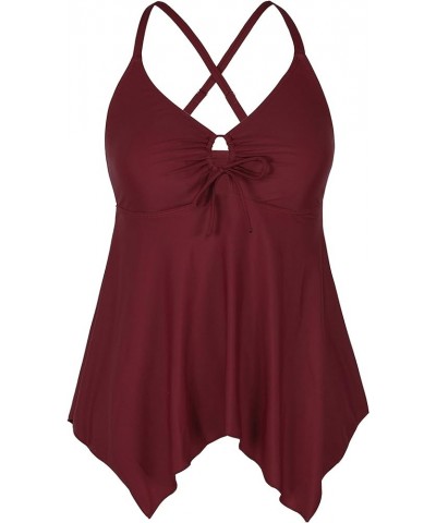 Women's Front Tie Swim Top Cross Back Tankini Top Flowy Swimdress Tummy Control Burgundy $12.71 Swimsuits